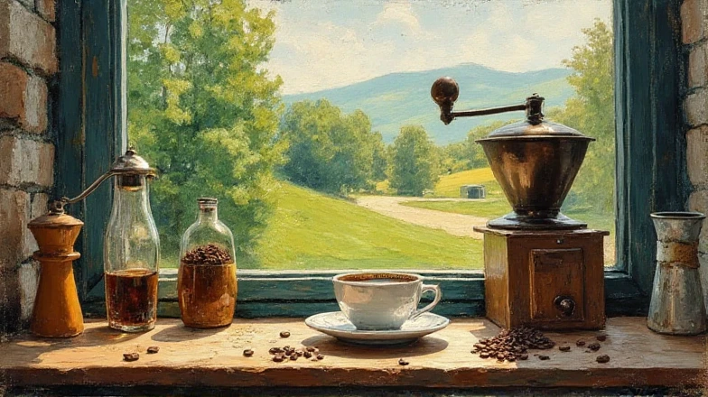 An impressionist landscape of a cup of coffee, AeroPress, coffee beans, coffee grinder, and coffee brewing equipment in a café in Ireland.