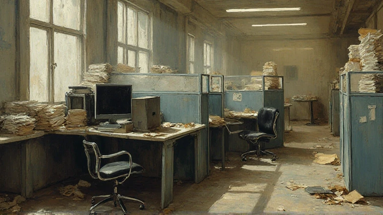 An impressionist landscape of a computer in an office cubicle surrounded by stacks of paper, abandoned, interior.